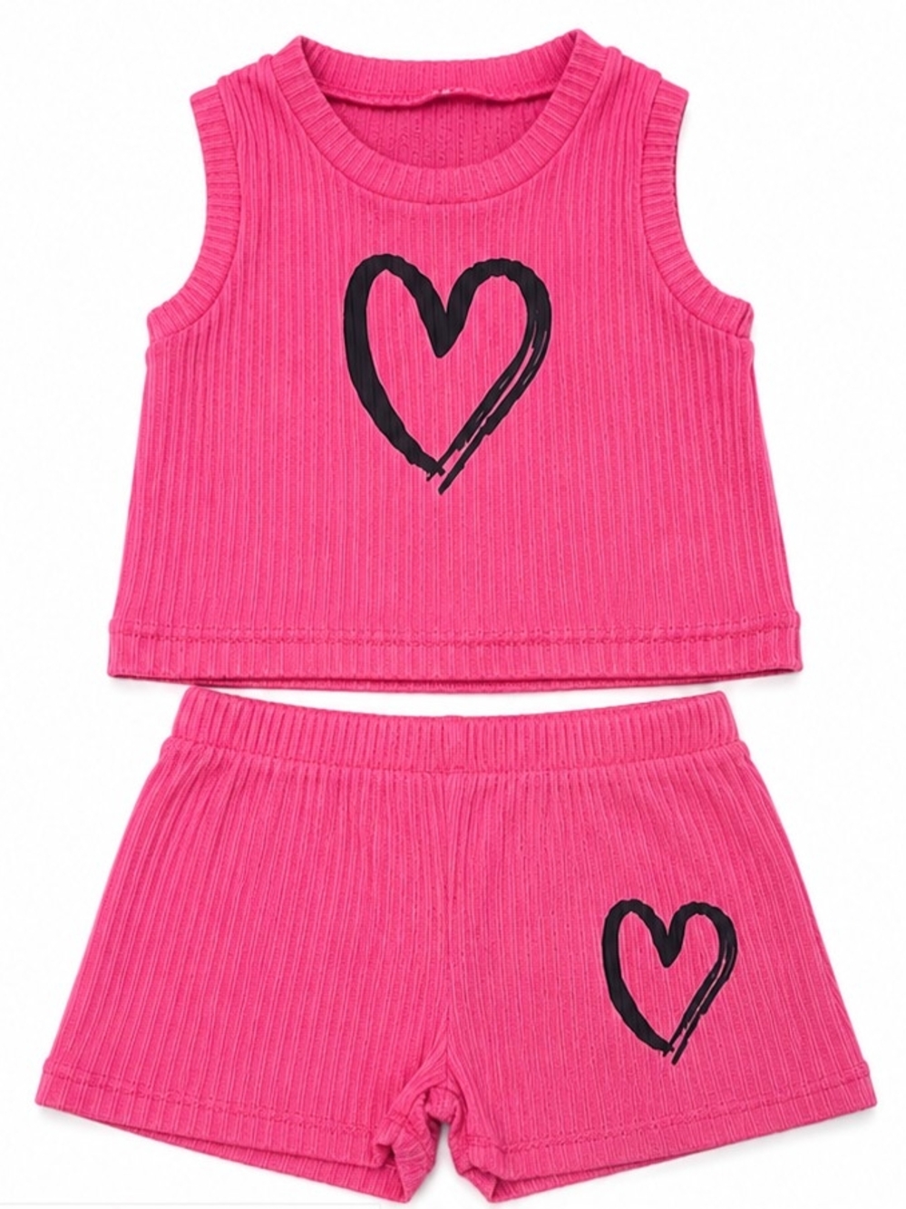 Girls Pink Ribbed Heart Tank Top & Shorts 2-Piece Set Size 7–8Y